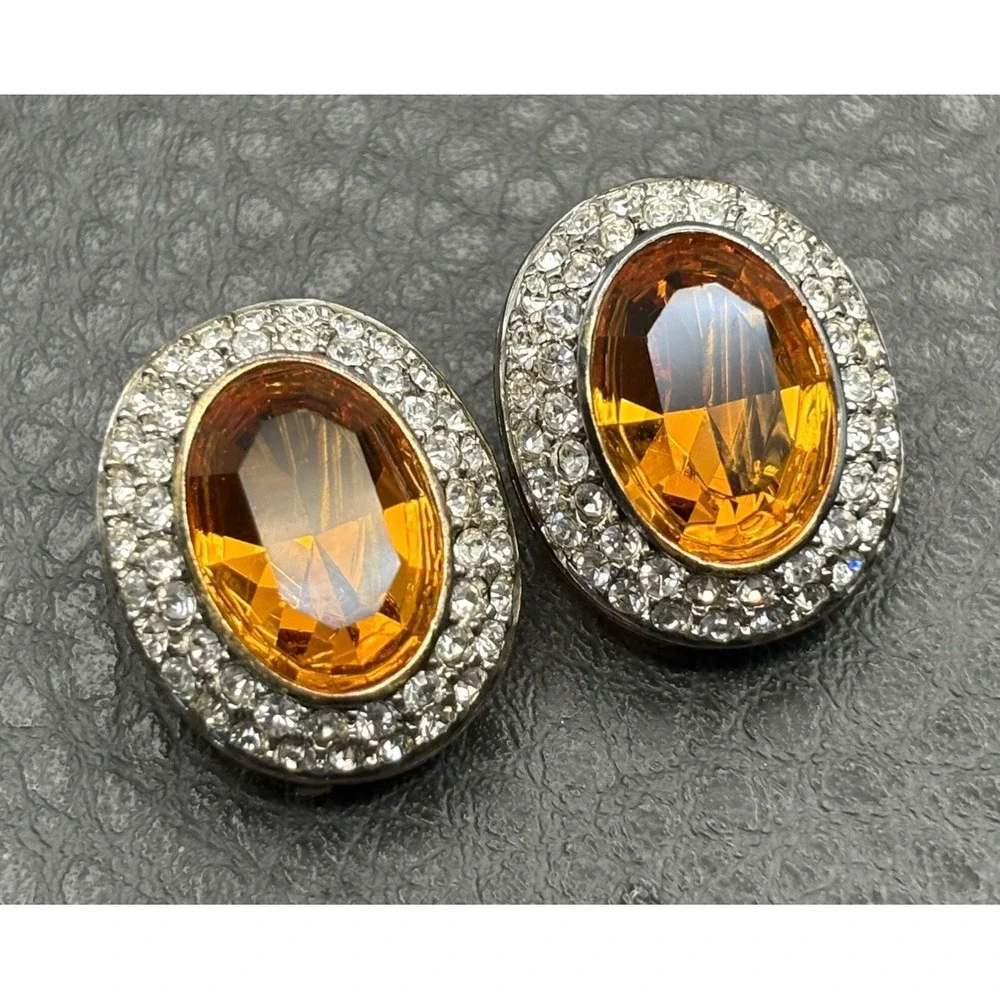 Ultima Edizione HUGE Yellow Stone 925 Sterling Silver Vintage Clip On Earrings